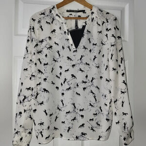 Kensie Horse Black White Blouse Top Size Large Cowgirl Ranch Rodeo Western